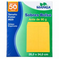 SOBRE DE PAPEL MAPASA IA0196 MANILA TAMAÑO FOLDER SOLAPA ENGOMADA PAQUETE CON 50 PIEZAS