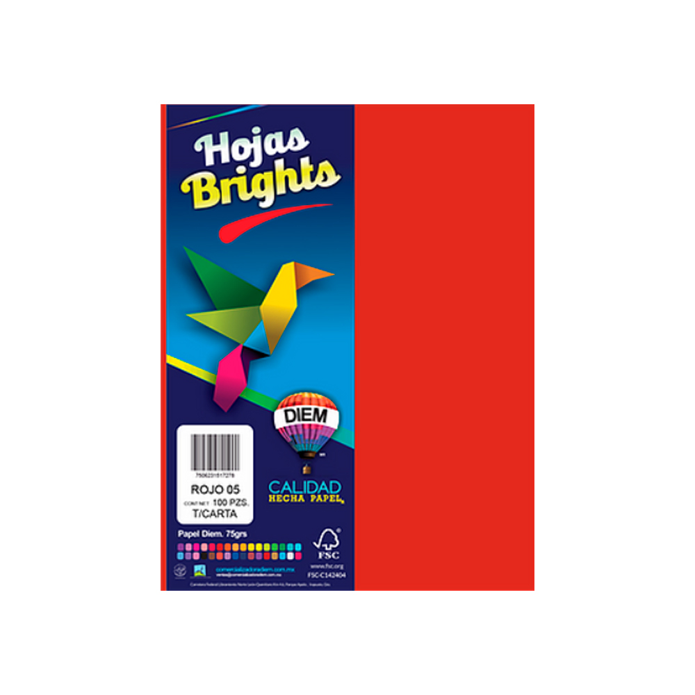 HOJA DE PAPEL DIEM BRIGHTS PAQUETE CON 100 PIEZAS ROJO 05 NEON TAMAÑO CARTA 75 GRAMOS
