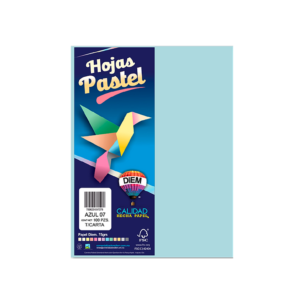 HOJA DE PAPEL DIEM PASTEL PAQUETE CON 100 PIEZAS AZUL 07 TAMAÑO CARTA 75 GRAMOS