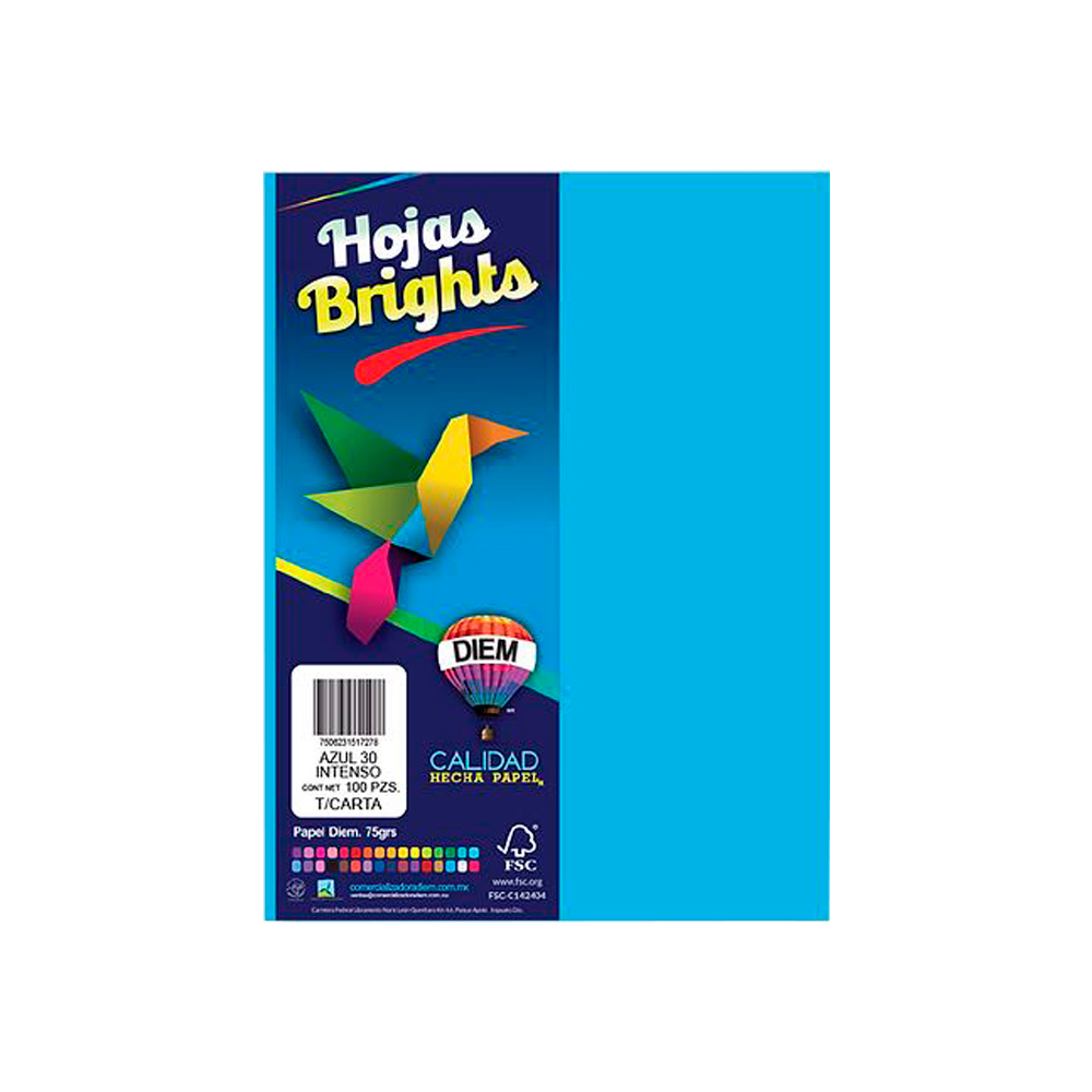 HOJA DE PAPEL DIEM BRIGHTS PAQUETE CON 100 PIEZAS AZUL INTENSO 30 TAMAÑO CARTA