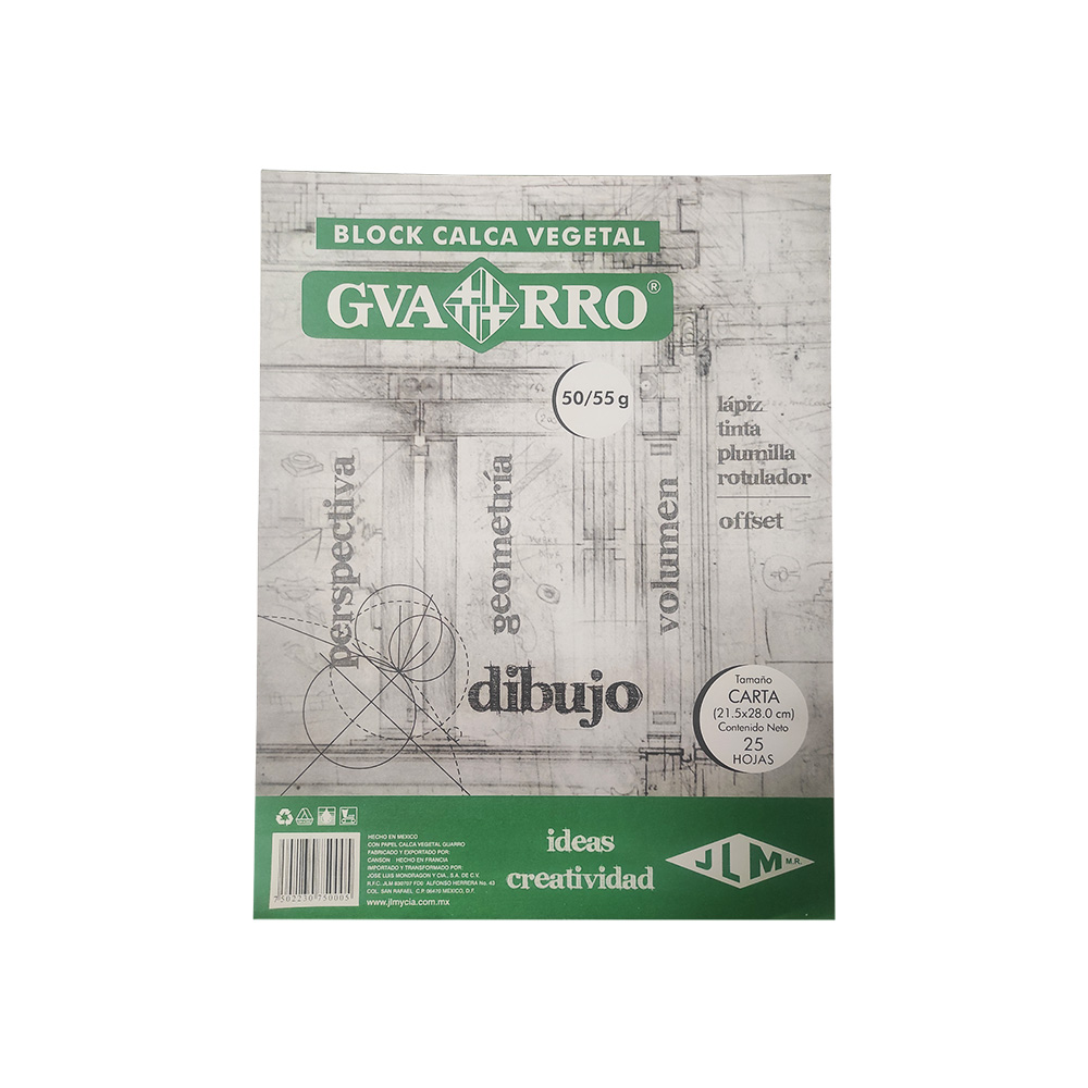 BLOCK PAPEL CALCA VEGETAL JLM GVARRO CON 25 HOJAS TAMAÑO CARTA 50/55 GRAMOS