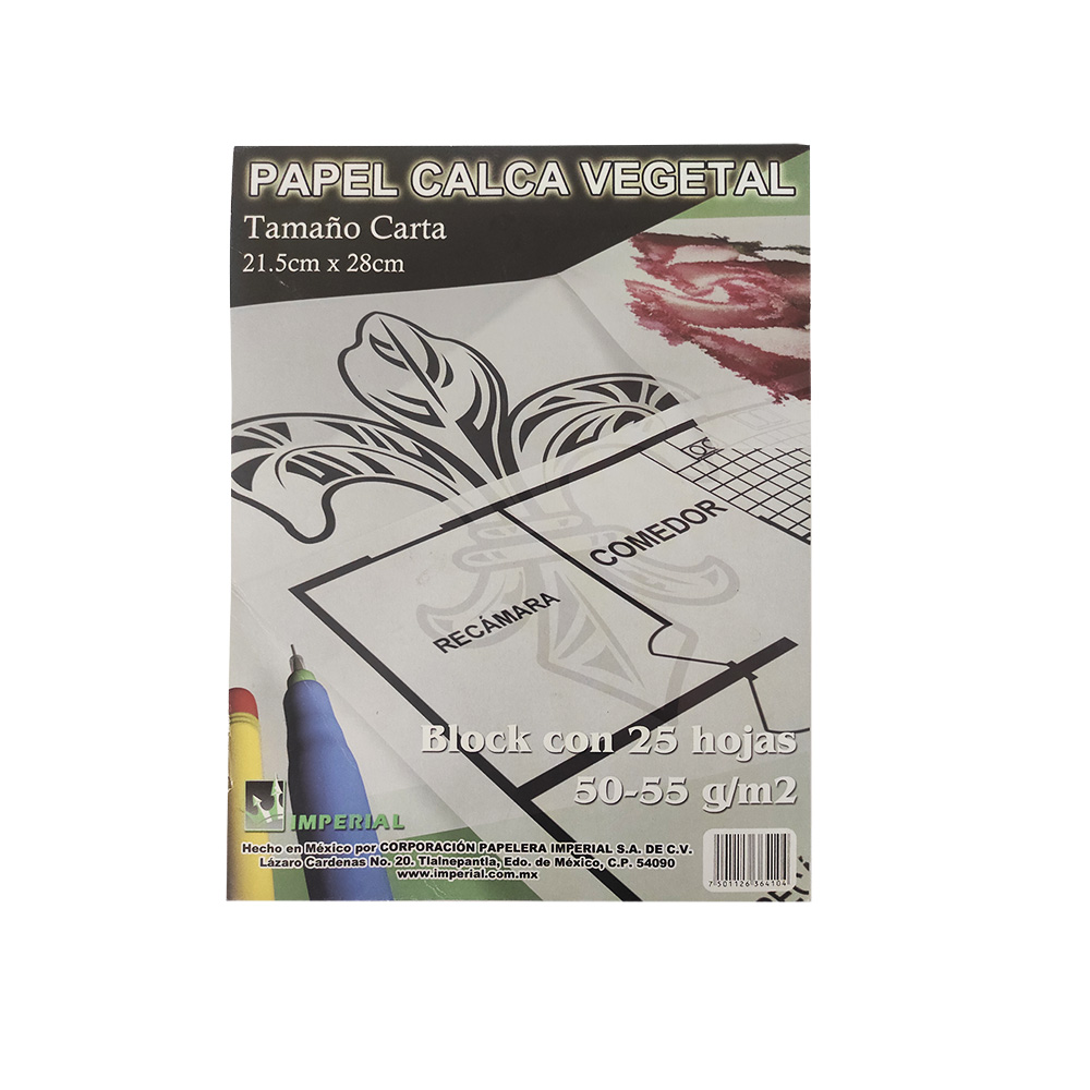 BLOCK PAPEL CALCA VEGETAL IMPERIAL CON 25 HOJAS TAMAÑO CARTA 50/55 GRAMOS